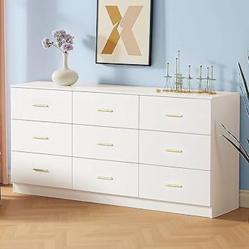 9 Drawer Dresser, 62.9" Large Deep Chest of Drawers, Wooden Dresser Storage Cabinet with 9 Drawers for Bedroom, Long White Dressers for Living Room, Hallway, Nursery