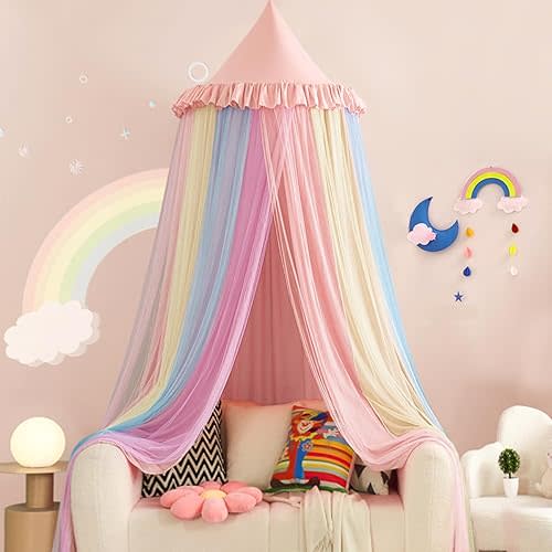 Kertnic Rainbow Bed Canopy for Girls Dreamy Mosquito Net for Bed Round Dome Princess Bed Canopy Girl Room Play Tent Kids Canopy Bed Netting Curtains (Beige Pink Rainbow)