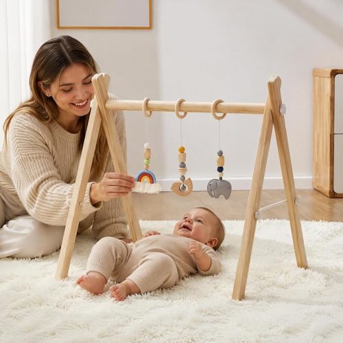 Wooden Baby Gym with 4 Handmade Hanging Toys, Natural Solid Wood Non-Toxic Play Gym for Tummy Time, Foldable Baby Activity Center for 0-12 Months, Baby Shower Gift