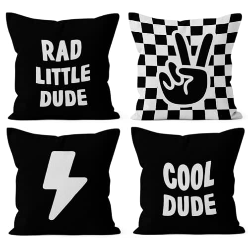 HIWX Rad Little Cool Dude Preppy Black and White Checkered Peace Sign Lightning Pillowcase Throw Pillow Cover, Trendy Preppy Decor for Sofa Bed Boy Teen Room Dorm, 18x18 Inch, Set of 4