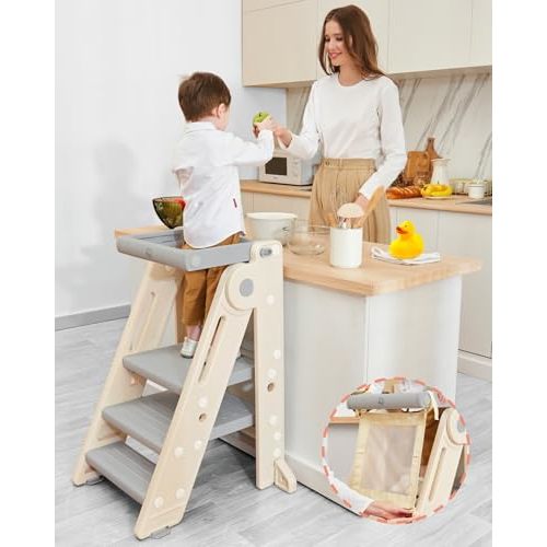 Forbena Foldable Toddler Tower Kitchen Learning Stool Helper, Montessori Kids Standing Tower for Counter, Collapsible Adjustable Baby Child Step Stool with Safety Net for Bathroom Sink (Grey)