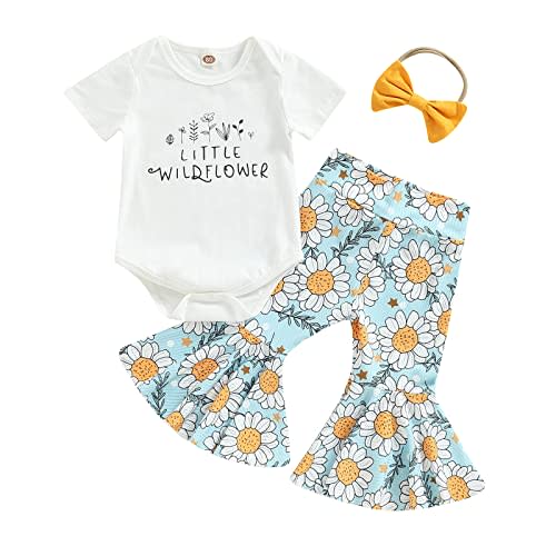Engofs Newborn Baby Girl Clothes Short Sleeve Romper Flare Pants Headband Set 3Pcs Infant Summer Outfit 0 3 6 12 18 Months
