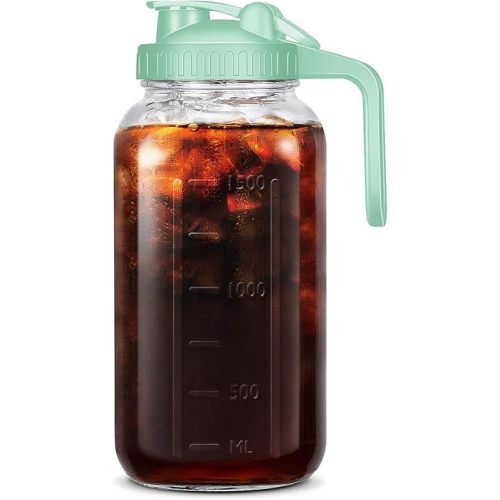 Mason Jar Pitcher, 64 OZ Breast Milk Pitcher Double Leak Proof with Pour Spout Handle, Wide Mouth Iced Tea Pitcher for Fridge, Creamer Container for Coffee, Sun Tea juice (Green,1 Pack)