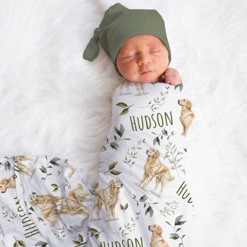 Personalized Golden Retriever Swaddle Blanket For Baby Shower, Custom Dog Newborn Baby Boy Gift, Toddler Name Blanket, Coming Home Outfit