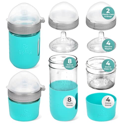 Mason Bottle Baby Glass Bottle Gift Set – Includes 8oz & 4oz Feeding Bottles, Slow & Medium Flow Nipples, Silicone Sleeves, Caps and Rings – BPA-Free, Non-Toxic, Anti-Colic