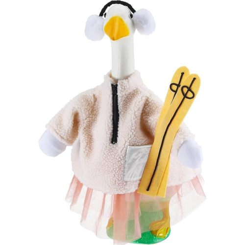 Winter Goose Outfit Porch Goose Outfit with Skis Earmuffs Skirt Clothes for Christmas Decor Yard Outdoor Patio Lawn Garden Winter Decor, Fits Large 23" H Statue