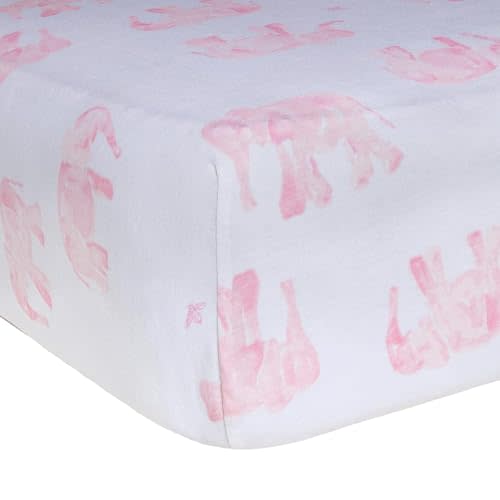 Burt's Bees Baby Print Fitted Crib Sheet Organic Cotton BEESNUG - Pink Wandering Elephants Animal Prints, Fits Unisex Standard Bed and Toddler Mattress, Infant Essentials, 52 x 28 Inch 1-Pack