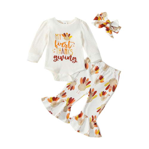 Loicainy Baby Toddler Girls Thanksgiving Outfit, 3 6 12 18 Months Long Sleeve Letters Print Romper with Turkey Print Flare Pants and Headband Fall Clothes Set