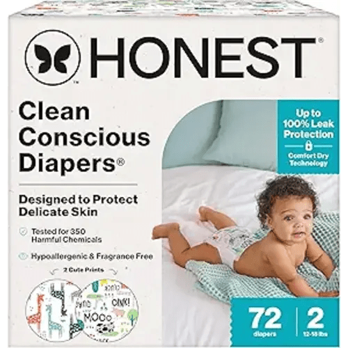 The Honest Company Comfort Dry Disposable Diapers for Sensitive Skin, Hypoallergenic, Fragrance-Free, Multi-Colored Giraffes + Barnyard Babies, Club Box, Size 2 (12-18 lbs), 72 Count