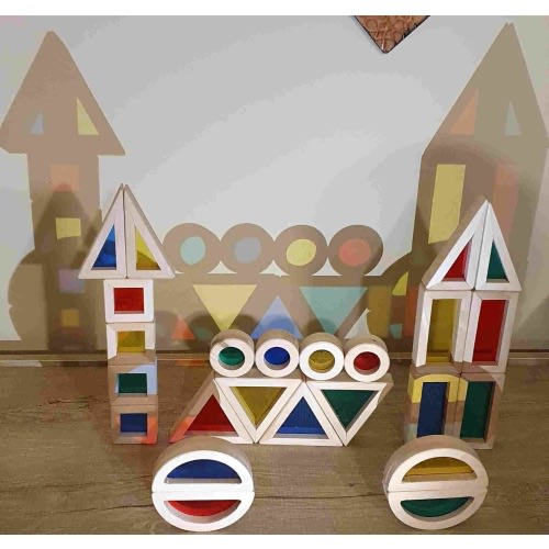 Rainbow Blocks Wooden Acrylic Sensory Geometric Stacking Montessori Blocks (24 pcs)
