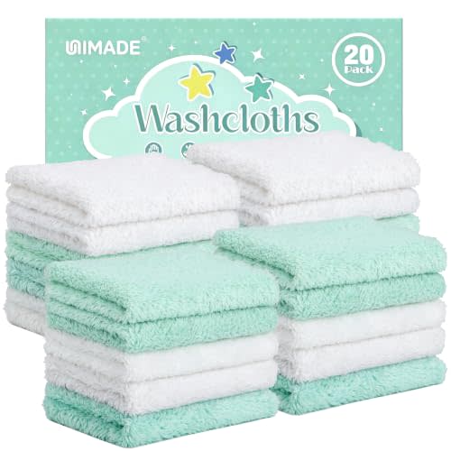 UNIMADE Baby Washcloths, Microfiber Coral Fleece Wash Cloths | 20 Pack Absorbent Baby Towels for Newborns, Infants and Toddlers, Gentle on Sensitive Skin for Face - 7" × 9", White&Green