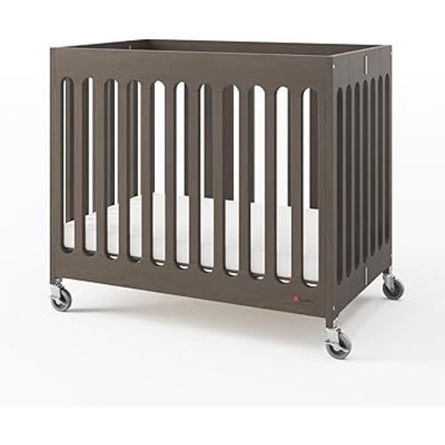 Foundations Boutique Folding Mini Baby Crib - Compact, Portable, Wooden Hotel Crib, Foldable Mini Crib for Baby & Toddlers - Includes 3" Foam Mattress, Dapper Gray