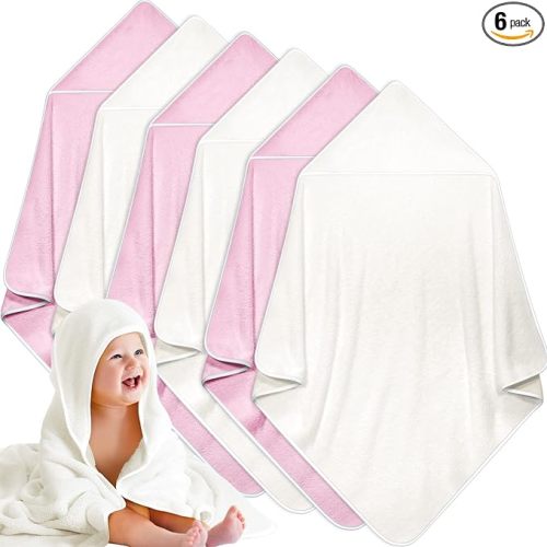 Chumia 6 Pack Baby Bath Towel Coral Fleece Soft Absorbent Newborn Hooded Towel for Kid 30 x 30 Inch Toddler Bath Blanket for Babies Infant Shower Gift(Pink, White)