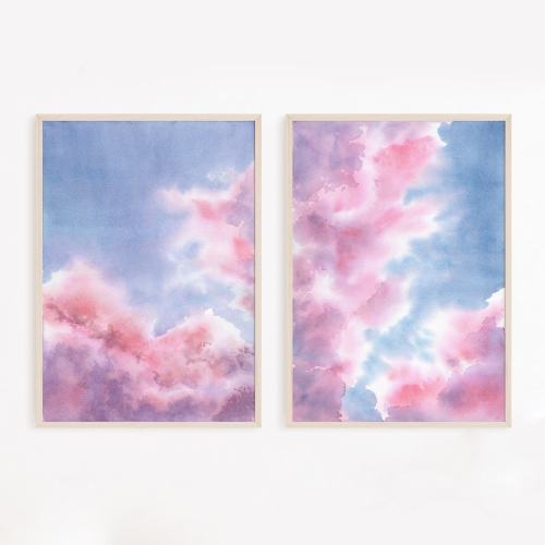 Pink clouds painting wall art Blue pastel sky landscape watercolor print Purple celestial baby nursery poster Soft girl aesthetic room decor