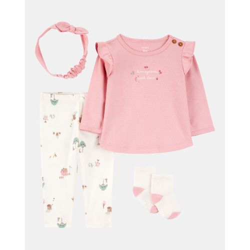Baby 4-Piece Farm Print Outfit Set - White/Pink