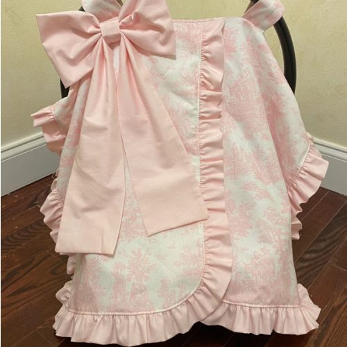 Car Seat Canopy - Pink Toile with Pale Pink Ruffle and Bow - Just Baby Designs