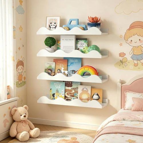 Costzon 4 Pcs Kids Floating Bookshelves, 16" Wall-Mounted Kids Bookshelf w/Fir Wood Structure, Cute Wall Book Shelves for Kids Room, Playroom, Nursery & Living Room (White, Small)