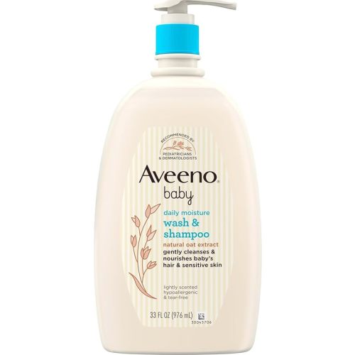 Aveeno Baby Daily Moisture Gentle Baby Body Wash and Shampoo with Oat Extract, 2-in-1 Baby Wash & Hair Shampoo, Tear-Free, pH Balanced for Sensitive Skin & Hair, Lightly Scented, Value Size 33 Fl Oz