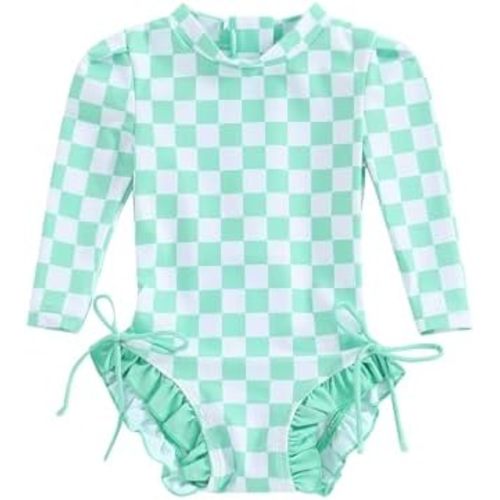 Yccutest Toddler Rash Guard One Piece Swimsuit Baby Girl Long Sleeve Ruffles Swimwear Zipper Bathing Suit Checkerboard Outfit