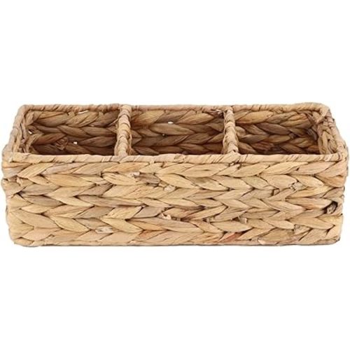 Woven Water Hyacinth Storage Basket Divided Basket with 3-Section Wicker Baskets for Shelves,Handwoven Desk Baskets for Pantry, Coffee Bar, Shelves (Water Hyacinth)