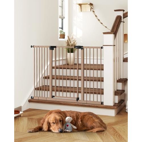 keny 29"-47.3" Extra Wide Baby Gate for Stairs, Auto Close Safety Dog Gate | Pressure Mounted No Drilling Pet Gate for Doorways, Easy Walk Through Stair Gate for Kids Todder, 30" Tall, Brown