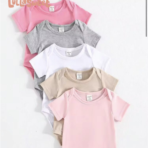 SHEIN 5pcs/Set Baby Girls Soft & Comfy Round Neck Pastel Solid Color Open Shoulder Bodysuit Pink Summer Casual Family Matching Short Sleeve All-Match Daily | SHEIN USA
