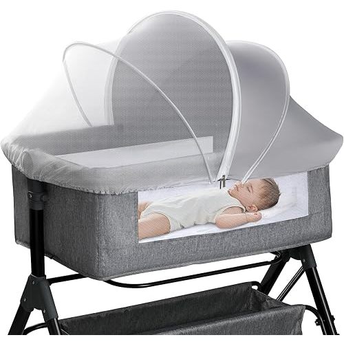 WANRU Bassinet Cover - Blackout Breathable Net for Baby Bedside Sleepers & Travel Cribs, 2-Way Zipper Outside Canopy Tent to Block Light (Gray-Small)