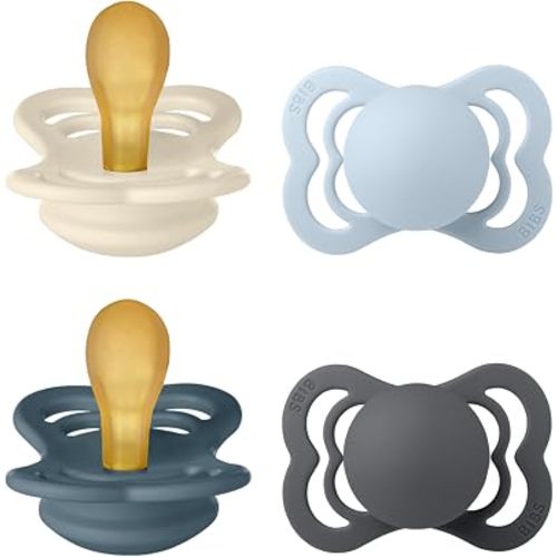 BIBS Supreme Soother 4-Pack, BPA Free Dummy Pacifier, Symmetrical Nipple. Natural Rubber Latex, Made in Denmark. Size 1 (0-6 Months), Ivory/Baby Blue/Petrol/Iron