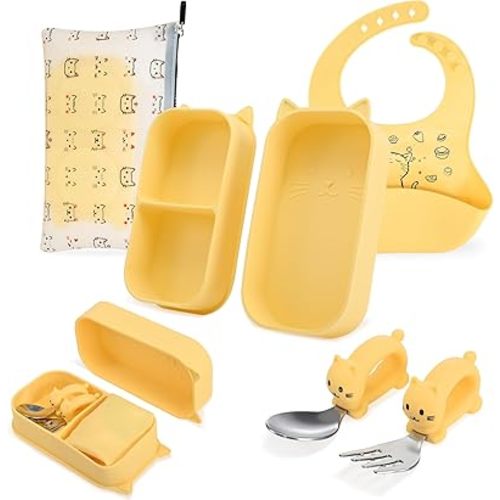 Portable Baby Plates with Suction, 6Pcs Travel Silicone Feeding Set for Toddlers, Foldable, Non-Slip Dishwasher Safe Plates & Utensils, BPA Free, Cat Design Gift Ready(Pale Yellow)