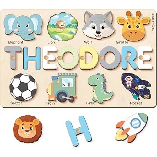 Custom Name Puzzle for Toddlers - Personalized Baby Gift with Animal Art Backdrop | 48 Animal Themes | 1st Birthday Gift for Boy & Girl | Personalized Baby Gifts