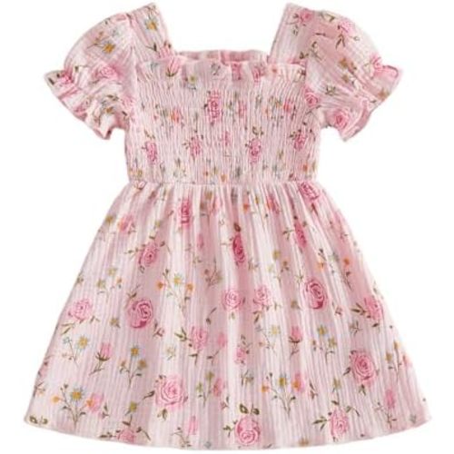 Baby Girl Floral Dress Toddler Rose Outfit Short Puff Sleeve Cotton Linen Smocked Ruffle Dresses Summer Clothes
