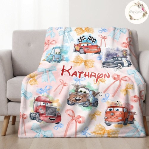 Personalized Watercolor Coquette Bows Disney Pixar Cars Blanket, WDW Disneyland Cars Birthday Boy Blanket, Lightning McQueen Mater Hudson