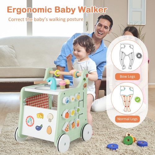 Costway 6-in-1 Baby Push Walker Wooden Activity Center Learning Toy for 12+ Months, Green