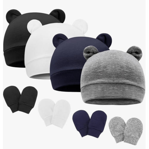 BQUBO Newborn Baby Bear Ears Hats and Mittens Sets Preemie Cotton Caps Baby Boy Girl Infant Hospital Beanie