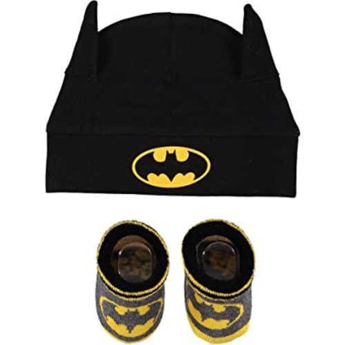 DC Comics Batman Infant Boys Baby Beanie Hat and Baby Booties Socks Gift Set 0-12 Months