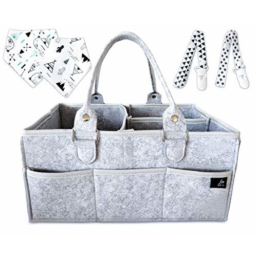 Baby Diaper Caddy Organizer: Nursery Organizer for New Parents of Baby Must Haves. Light Portable Baby Diaper Organizer/Baby Caddy Organizer for Changing Table/Car (Bonus 2 Bibs,2 Pacifier Clips)