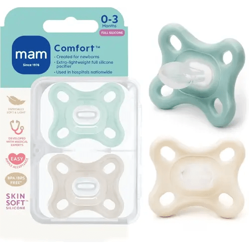 MAM Comfort Baby Pacifier 0-3 Mths Lightweight One-Piece Silicone 2 Pack