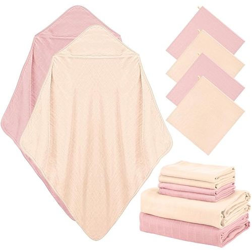 Preboun 6 Pcs Muslin Hooded Baby Towels and Washcloths 32"x 32" Cotton Newborn Bath Towel Anti-Shrink Infant Baby Blankets with Hood 12"x 12" Washcloths for Girl Boy Toddler(Ivory,Pink)