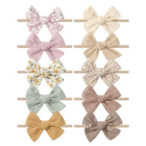 doboi 10PCS Baby Girls Headbands Hair Bows Nylon Cotton Linen Hairbands Fine Handmade Hair Accessories for Newborn Infant Toddlers Little Girls-Embroidered Flower