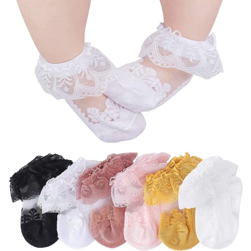 6 Pairs Baby Toddler Girls Princess Cotton Frilly Socks Lace Thin Mesh Summer Ruffle Dress Socks, Age 1-3