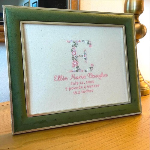 Custom Embroidered Floral Letter Birth Announcement: Ready to Frame 8x10 Nursery Keepsake