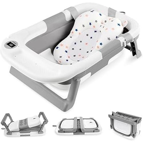 LIVINGbasics Foldable Baby Bath Tub for Infants to Toddler, Anti-Slip Portable Travel Shower Basin with Soft Support Cushion and Temperature Sensor
