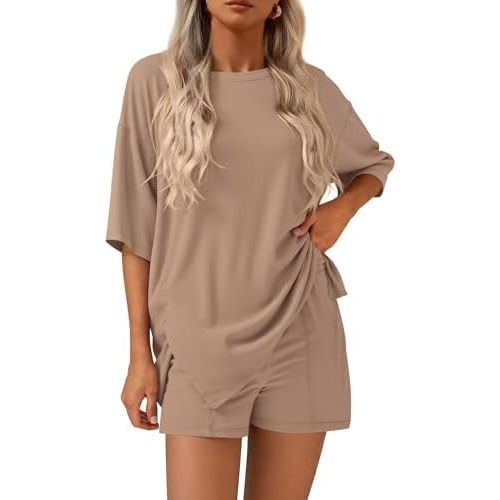 KIRUNDO 2 Piece Sets for Women Summer Lounge Sets Casual Oversized Tshirts Shorts Matching Airport Travel Outfits Postpartum