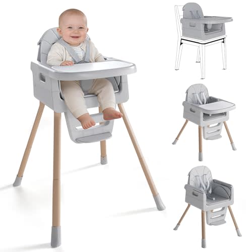 EverKiddo Baby High Chair for 6 Months+, Foldable High Chairs for Babies and Toddlers, Convertible Toddler Chair, Adjustable Tray & Footrest, Lightweight, Stable & Easy to Clean(Grey with Wood Grain)
