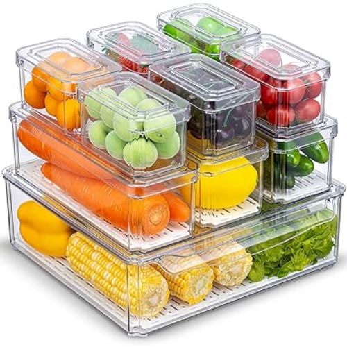 10-Pack Clear Fridge Organizer Bins with Lids, Stackable Refrigerator Storage Containers, BPA-Free with Drain Tray & Anti-Slip Base for Fruits, Veggies, Drinks