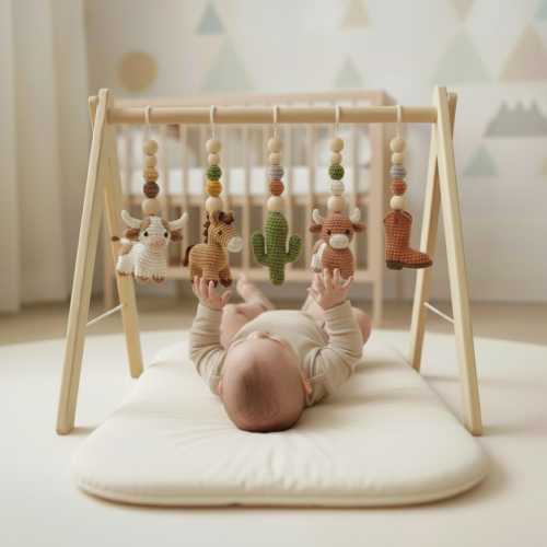 Western Baby Gym Wooden Play Gym with Crochet Cow Horse Cactus and Cowboy Boot | Montessori Baby Activity Gym | Western Nursery Decor