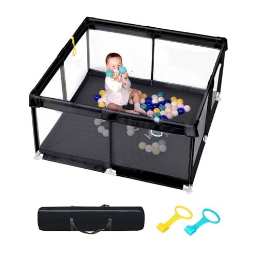 Baby Playpen with Mat, 50" x 50" Extra Large Play Yard for Babies and Toddlers, Baby Fence with Soft Thick Play Mat, Indoor Safety Activity Center for Infants, Easy to Assemble and Clean（Black）