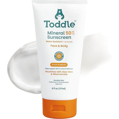 Toddle Prebiotic Mineral Sunscreen SPF 50 for Kids & Baby, Face & Body Sun Protection, Reef Safe, Non-Toxic Zinc Oxide Broad Spectrum, Water-Resistant, No White Cast, 6oz