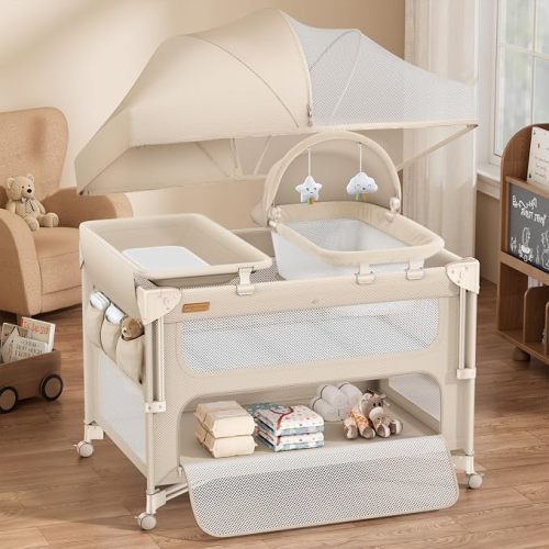 ANGELBLISS Baby Bassinet Bedside Crib, 5-in-1 One-Push Instant Fold Pack and Play with Changing Table, Napper Bassinet, Mattress & Mosquito Net, Portable Playard for Newborns to Toddlers (Khaki)