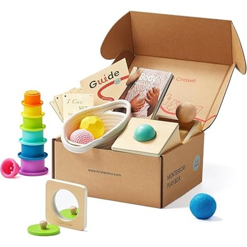 Tiny Land Montessori Toy Set for Babies 7-9 Months Senser Play Kit - 5-in-1 Wooden Learning Toys with Object Permanence Box, Sensory Ball, Stacking Cups and Mirror Puzzle,Body Board Book